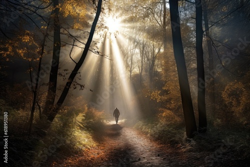 person  walking through the forest on a misty morning  with rays of sunlight shining in  created with generative ai
