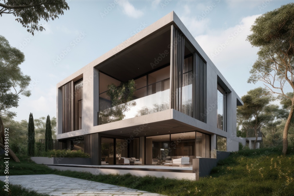 modern home with sleek and minimalist exterior, featuring angular shapes and clean lines, created with generative ai modern home with sleek and minimalist exterior, featuring angular shapes and clean lines, created with generative ai