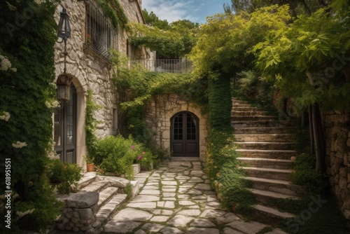 a stone villa with a winding path and lush greenery  created with generative ai