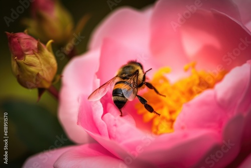 macro shot of bumblebee pollinating rose bloom, created with generative ai
