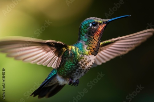 a macro shot of a hummingbird, its wings blurred in flight, created with generative ai