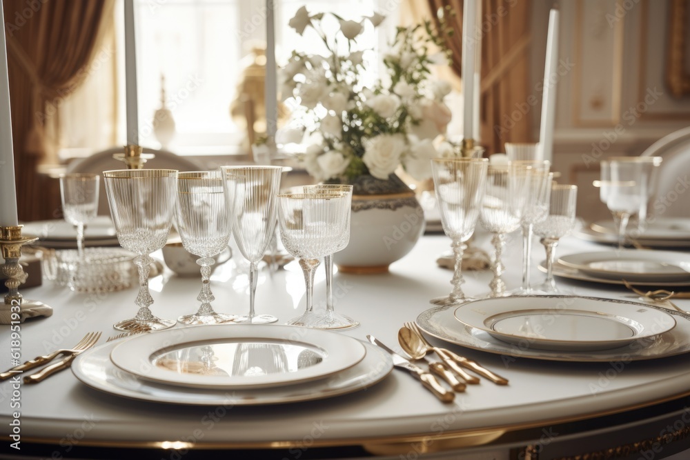 classic and elegant table setting with fine china, napkins, and silverware, created with generative ai classic and elegant table setting with fine china, napkins, and silverware, created with generative ai