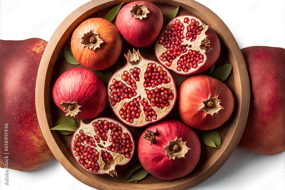 a wooden bowl filled with pomegranates and a couple of oranges on top of each other on a white surface with a white background with a white backdrop and a brown border. a wooden bowl filled with pomegranates and a couple of oranges on top of each other on a white surface with a white background with a white backdrop and a brown border.