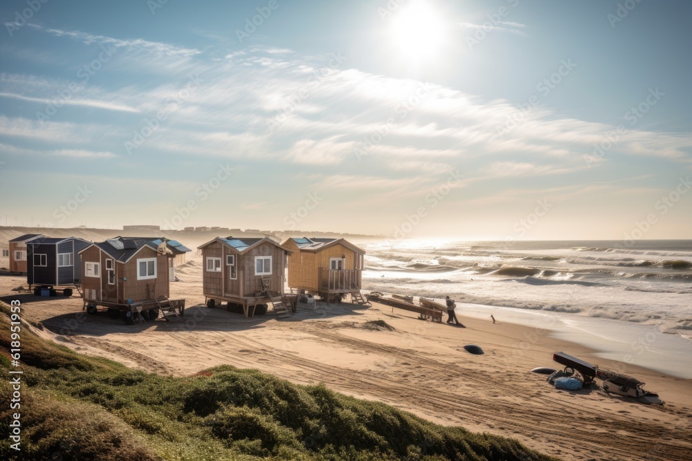 tiny homes on the beach, with waves rolling in and sun shining, created with generative ai
