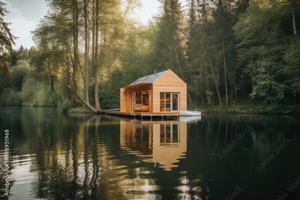 tiny house floating on a tranquil lake, surrounded by nature, created with generative ai tiny house floating on a tranquil lake, surrounded by nature, created with generative ai