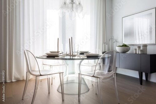 a bright and airy dining room with a mix of modern and traditional furniture, including a glass table and metal chairs, created with generative ai