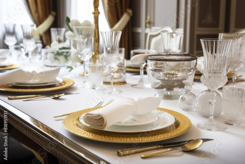 classic and elegant table setting with fine china, napkins, and silverware, created with generative ai