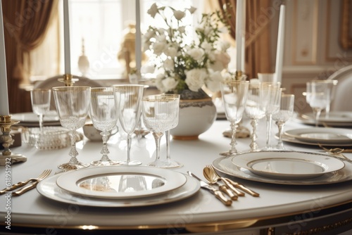 classic and elegant table setting with fine china  napkins  and silverware  created with generative ai