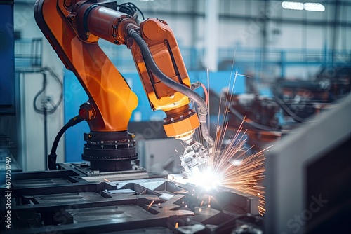 robot arm performing intricate welding task in factory, created with generative ai