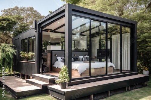 modern tiny home with sleek and minimalist design, featuring floor-to-ceiling windows and high ceilings, created with generative ai