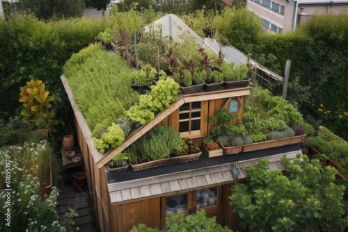 tiny house with garden, vegetables and herbs growing on the roof, created with generative ai