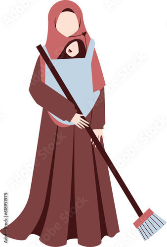 Muslim woman doing household chores, multitasking mother Illustration, Mother's day Illustration 