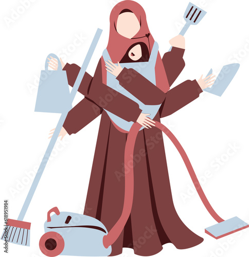 Muslim woman doing household chores, multitasking mother Illustration, Mother's day Illustration 