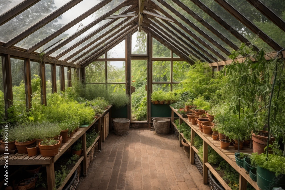 greenhouse filled with fragrant herbs and spices, ready for cooking, created with generative ai