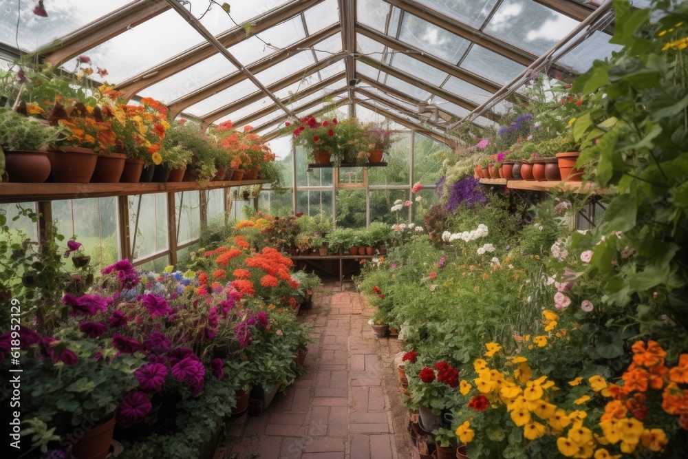 greenhouse filled with colorful blooms and aromatic plants, created with generative ai