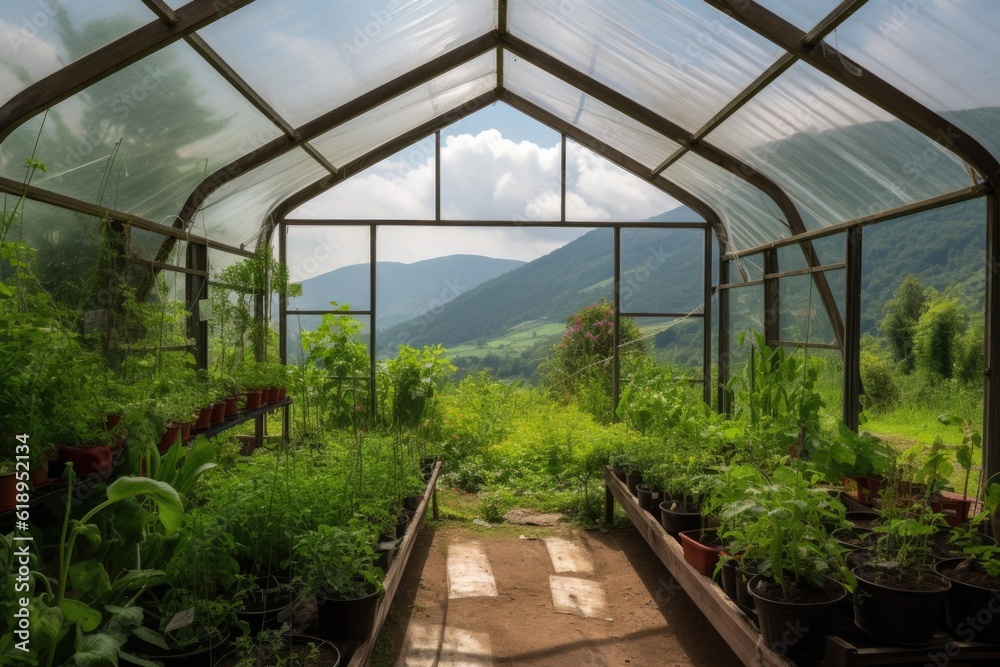 greenhouse with view of the mountains, surrounded by greenery, created with generative ai