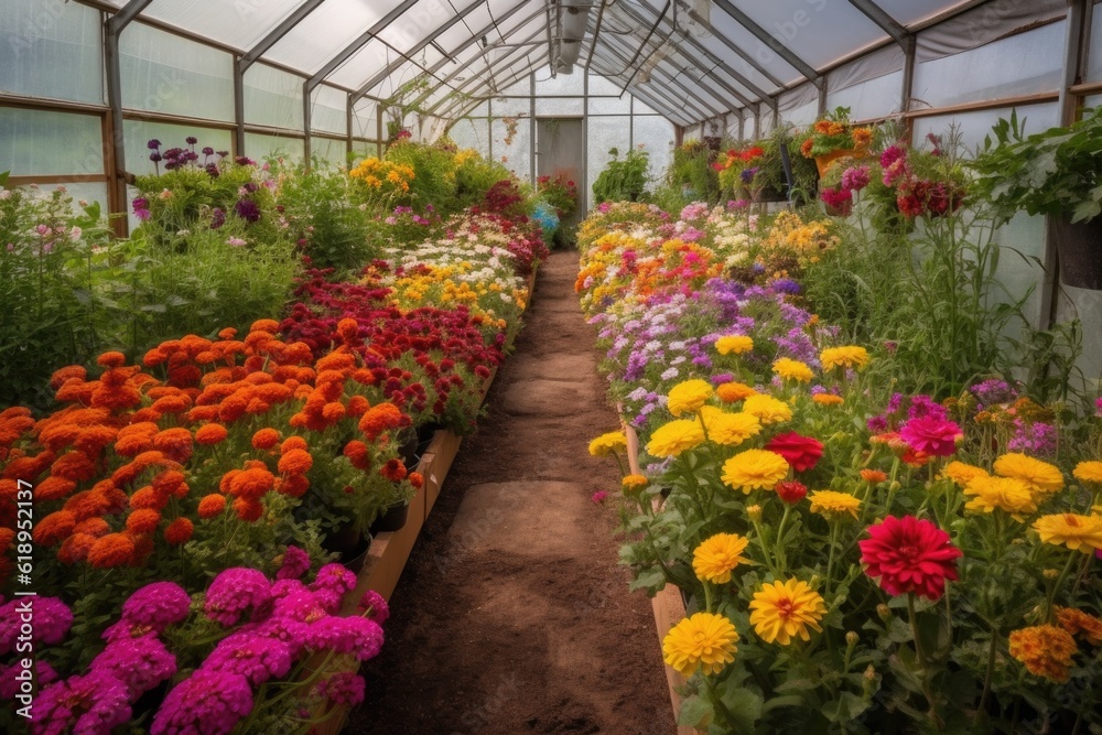 greenhouse filled with vibrant and colorful flowers, created with generative ai