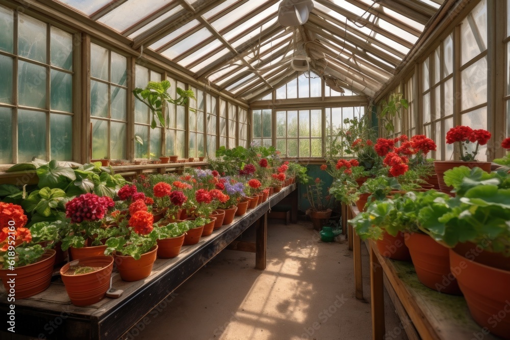 greenhouse with red geraniums and blue pots, created with generative ai