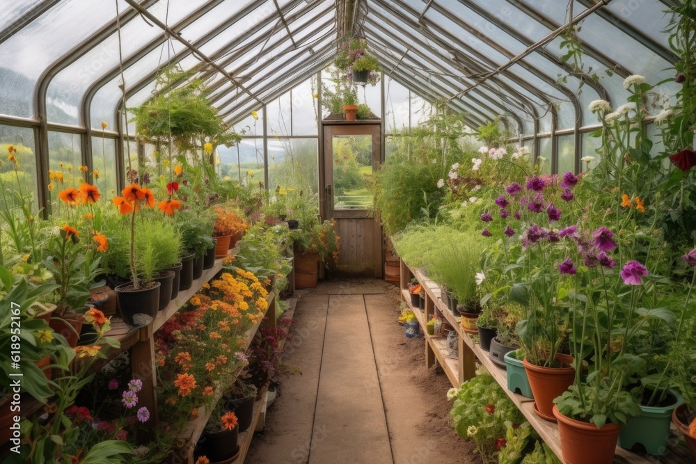 greenhouse with view of a picturesque garden, surrounded by blooming flowers and foliage, created with generative ai