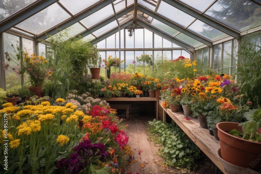 greenhouse with view of a vibrant garden, filled with colorful blooms and foliage, created with generative ai