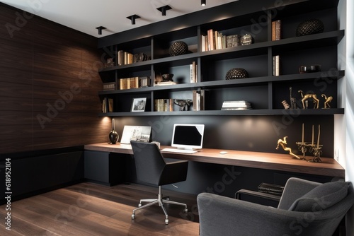 office with clean and minimalistic design, featuring sleek furniture and a wall of built-in bookshelves, created with generative ai