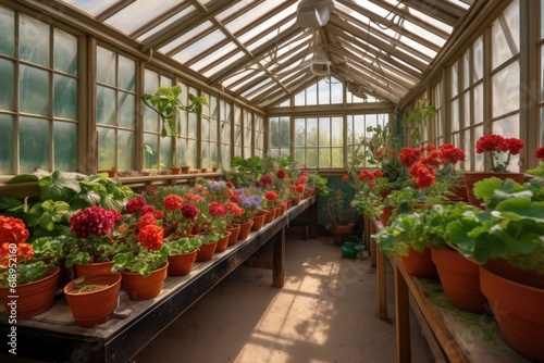 greenhouse with red geraniums and blue pots, created with generative ai