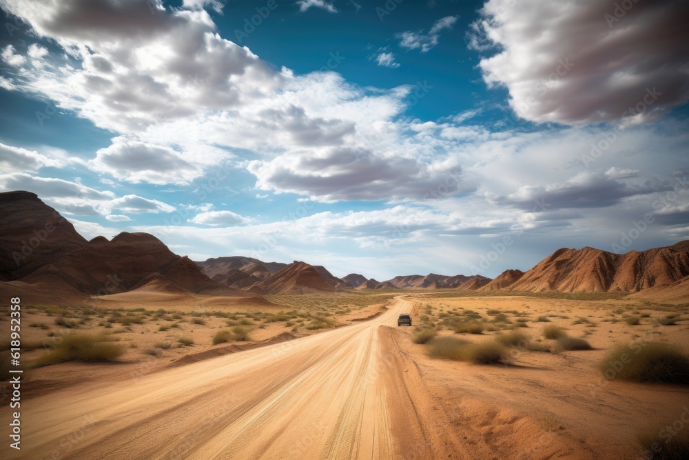 road trip through the desert with towering sand dunes and dramatic ...