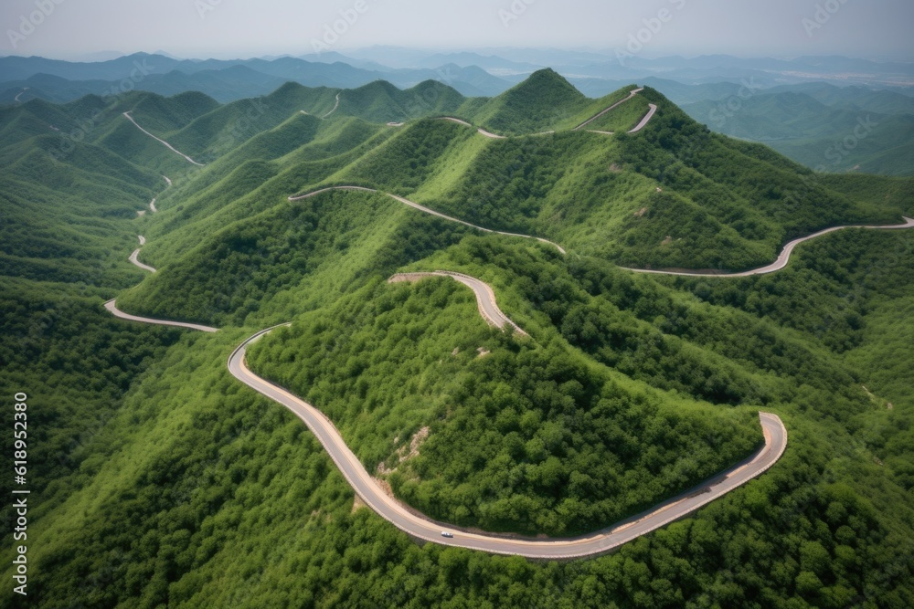 aerial view of national park, with winding road and hiking trails visible, created with generative ai aerial view of national park, with winding road and hiking trails visible, created with generative ai