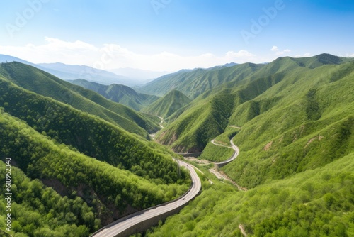 exciting road trip through the mountains, with breathtaking views and winding roads, created with generative ai