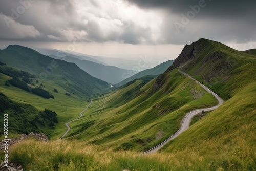 mountain landscape, with winding road and clouded sky, on a journey of discovery, created with generative ai