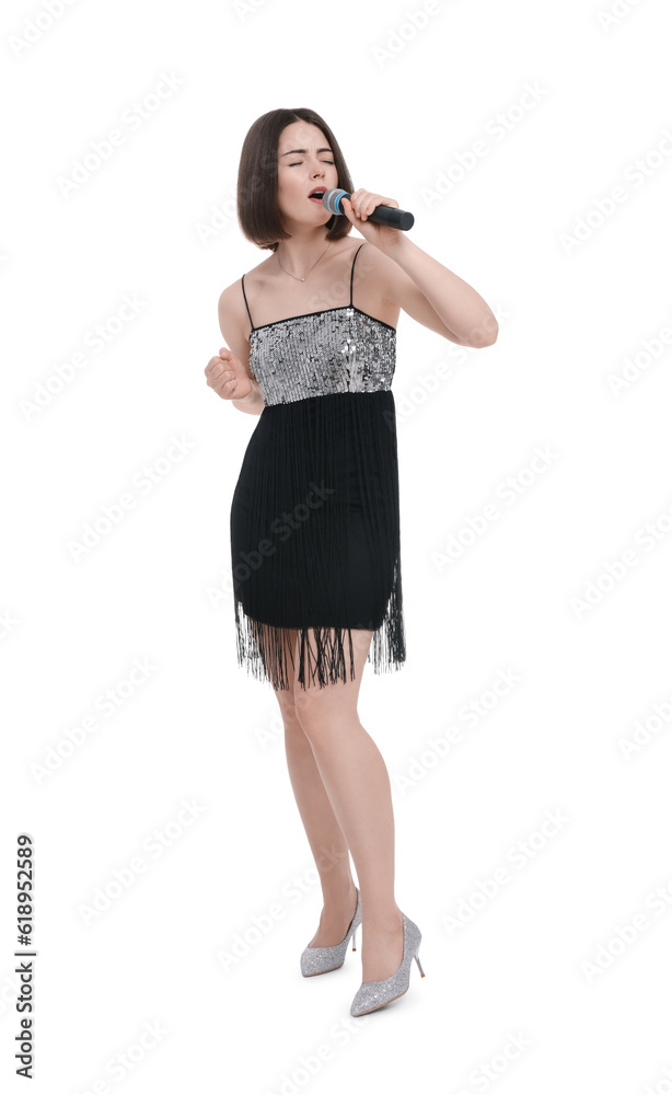 Beautiful young woman with microphone singing on white background Beautiful young woman with microphone singing on white background