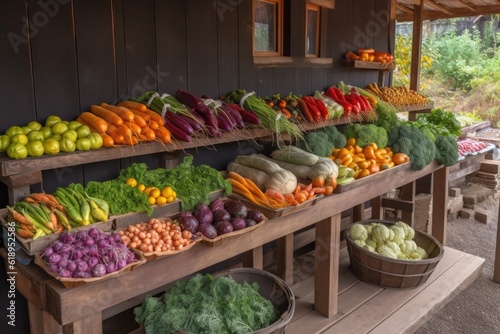 vegetable stand with fresh and colorful vegetables, ready to be picked, created with generative ai