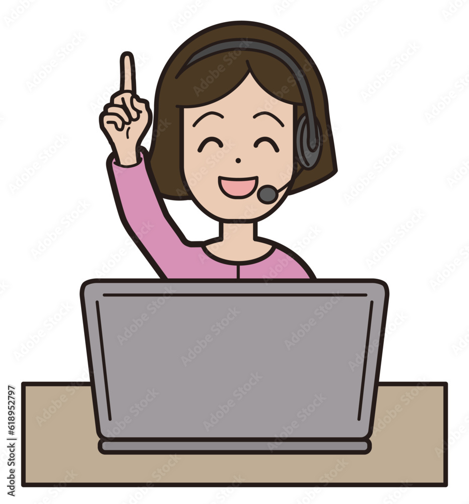 パソコン入力をしながら電話応対をする若い女性 コールセンター 笑顔 指さし 上 これ 注目 パソコン入力をしながら電話応対をする若い女性 コールセンター 笑顔 指さし 上 これ 注目