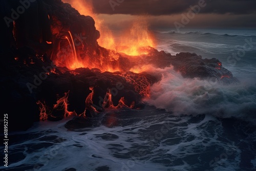 glowing molten lava meeting the ocean, creating steam, created with generative ai