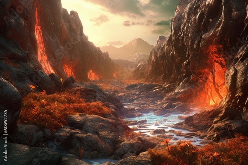 wide-angle shot of lava flowing through a volcanic landscape, created with generative ai