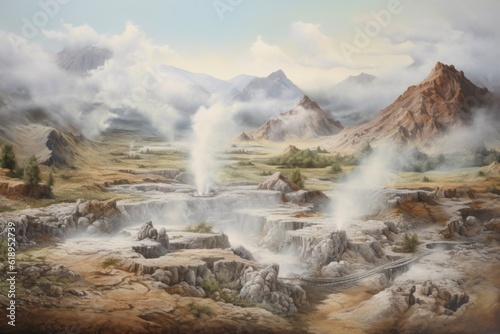 volcanic landscape with steaming fumaroles, created with generative ai