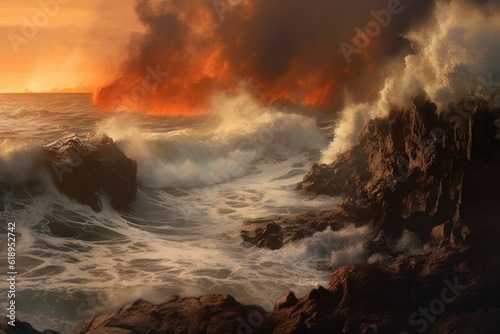 lava flow meeting the ocean, creating steam and new land, created with generative ai