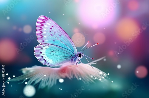 An illustration of a Beautiful white butterfly on white flower buds on a soft blurred blue background spring or summer in nature. Romantic dreamy artistic image. Made with Generative AI technology © mafizul_islam