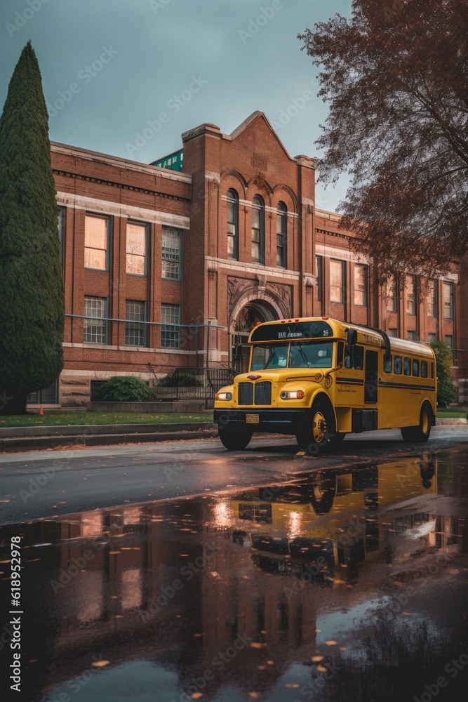Fototapeta premium school bus parked near a school building, created with generative ai