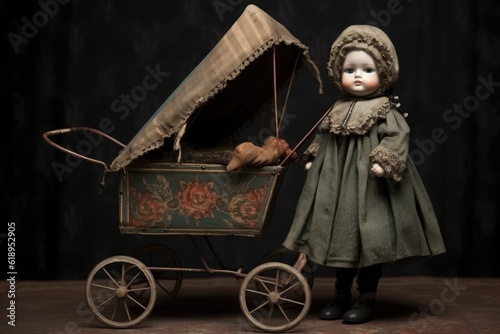 old victorian-style doll stroller with antique doll, created with generative ai photo