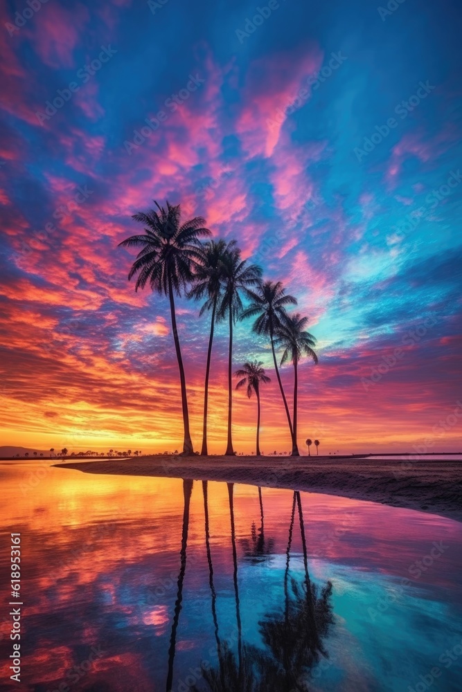 silhouette of palm trees at sunset with vibrant colors, created with generative ai