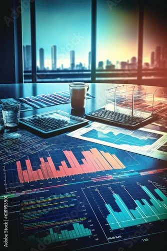 financial charts and graphs spread across a table, created with generative ai