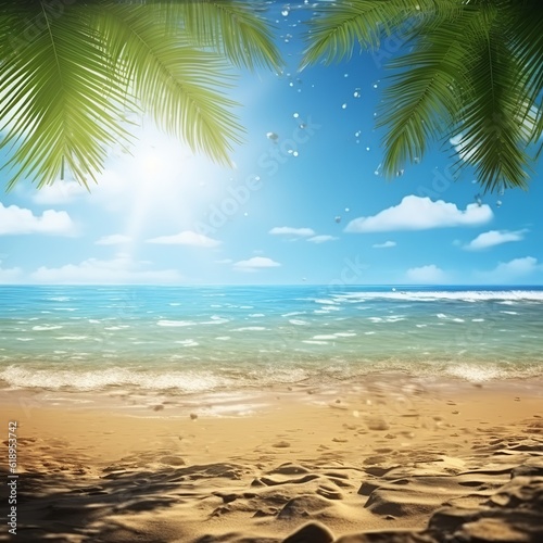 A summer landscape of a tropical golden beach with palm leaves, soft focus. Golden sand, turquoise sea, blue sky, and white clouds. Created with Generative AI technology © mafizul_islam