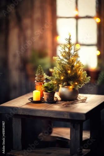 miniature christmas tree on a wooden table with a cozy background  created with generative ai