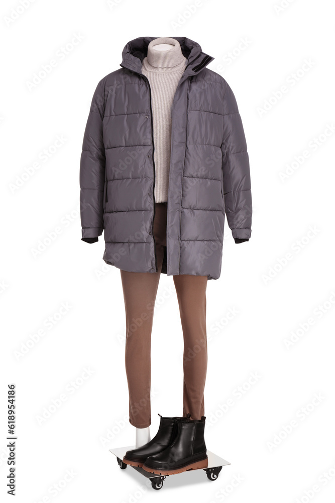 Male mannequin with shoes dressed in stylish grey jacket, turtleneck and pants isolated on white Male mannequin with shoes dressed in stylish grey jacket, turtleneck and pants isolated on white