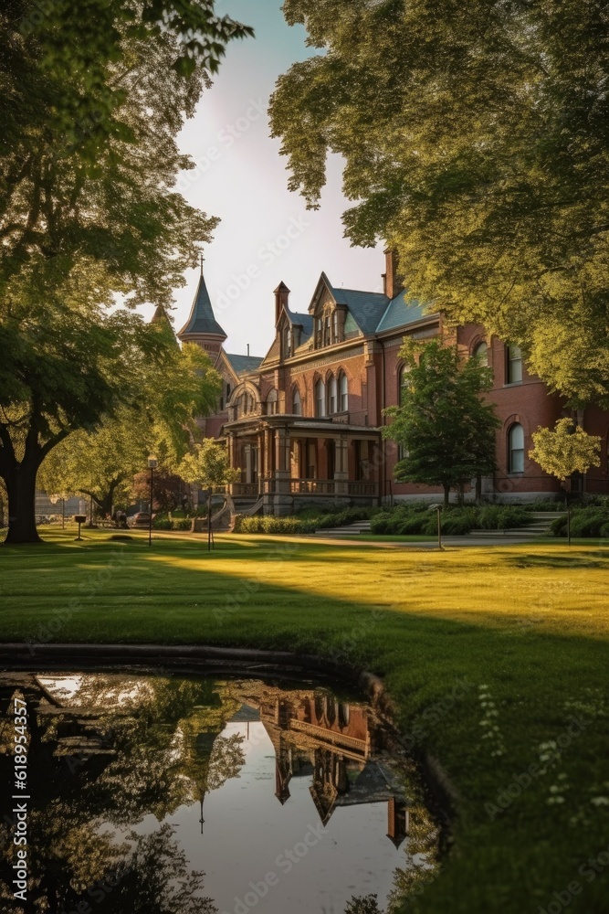 Fototapeta premium a college campus with beautiful, old buildings and green lawns, created with generative ai