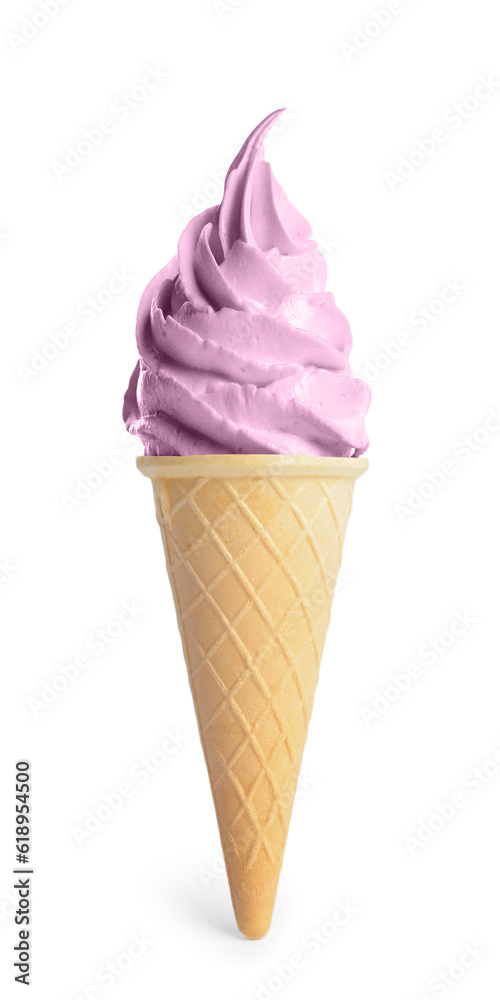Delicious soft serve berry ice cream in crispy cone isolated on white Delicious soft serve berry ice cream in crispy cone isolated on white