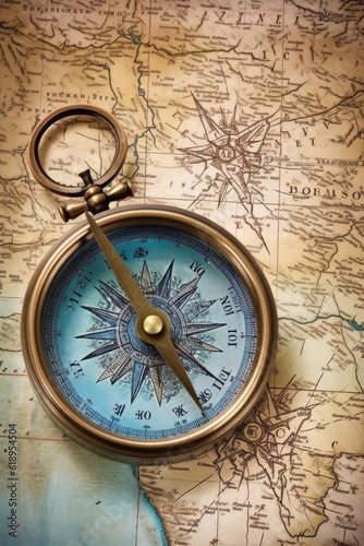 vintage brass compass on aged map background, created with generative ai