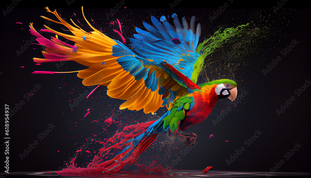 Fototapeta Creative Idea splash of color becoming a parrot, Created with AI