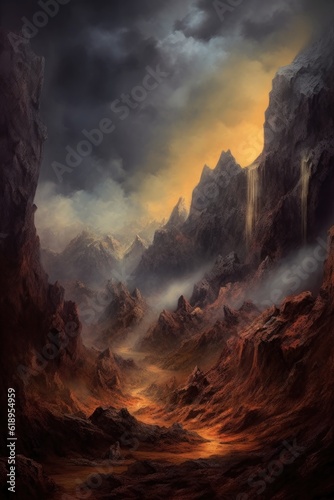 dramatic volcanic landscape with smoke and lava, created with generative ai